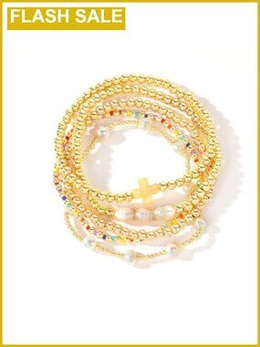 14K Gold Plated Beaded Cross Bracelets Set, Stretch Boho Christian Jewelry Stack